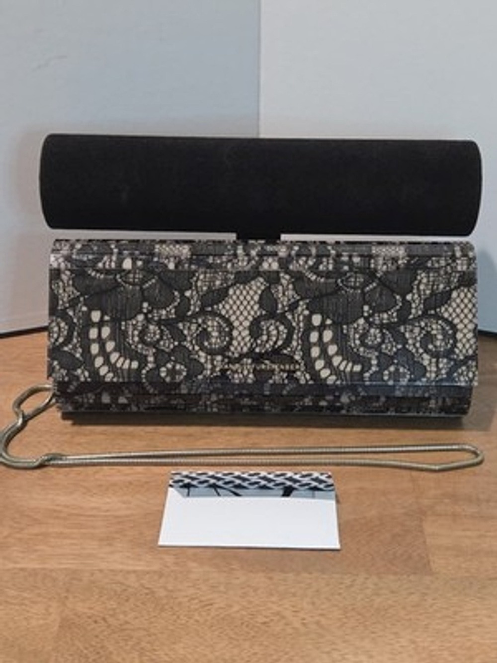 Diane Von Furstenberg Lace Acrylic Clutch Black White DVF Evening Bag With Chain